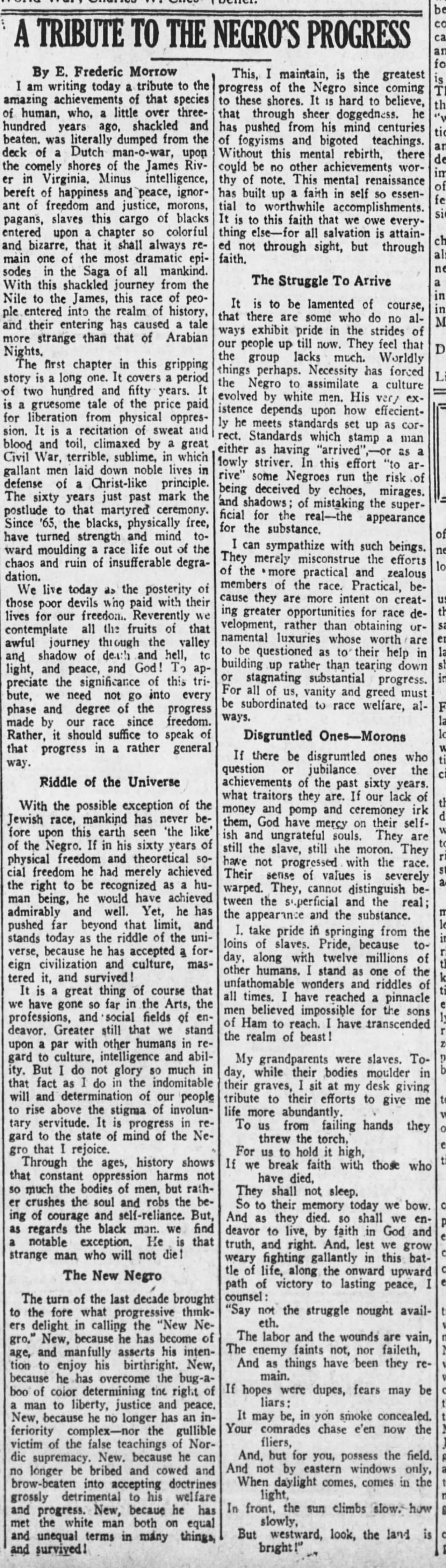 E. Frederic Morrow, "A Tribute to the Negro's Progress," New York Age, Dec. 31, 1932, 4