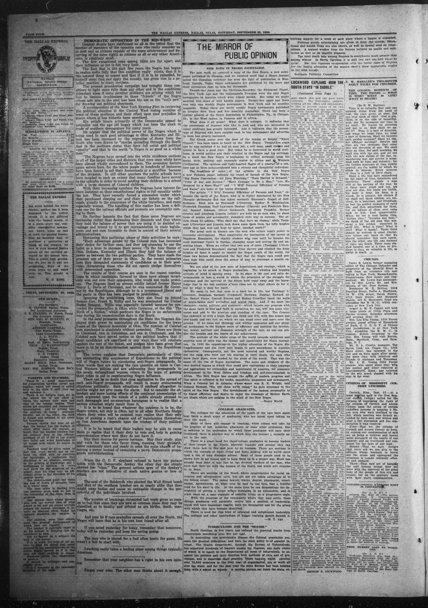 The Mirror of Public Opinion New Note in Negro Journalism, 1920