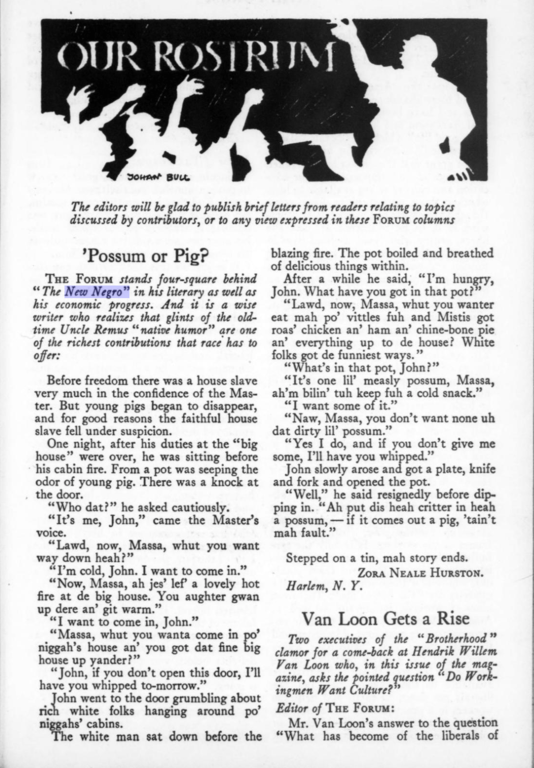 Zora Neale Hurston Possum or Pig Forum, Sept. 1926